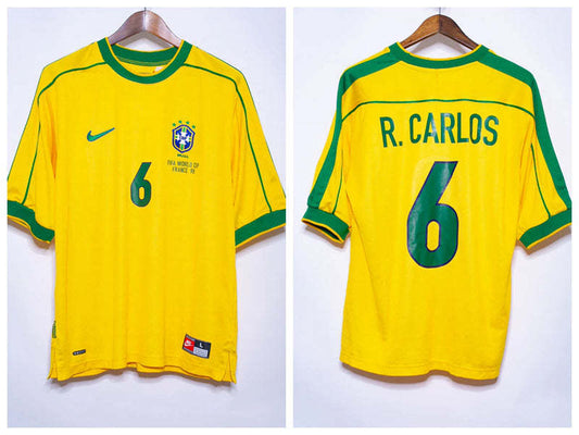 R Carlos Brazil National Team 1998 Home Original Retro Jersey